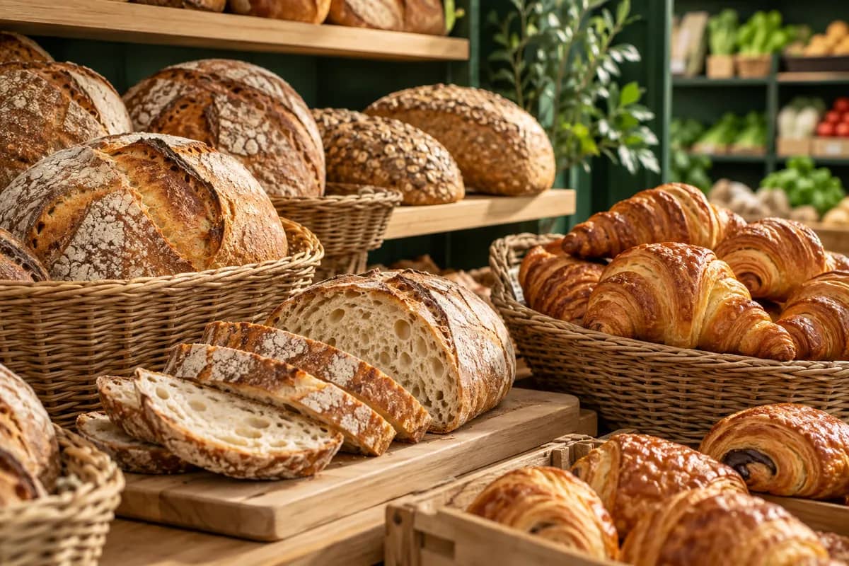 Freshly baked loaves and croissants in baskets