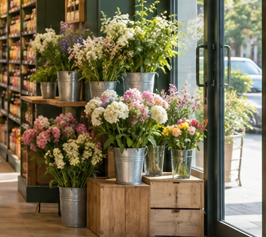 Buckets of fresh cut flowers