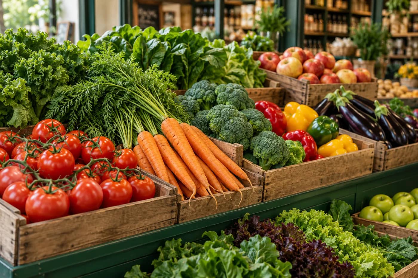 Crates of fresh tomatoes, carrots, peppers and salad leaves